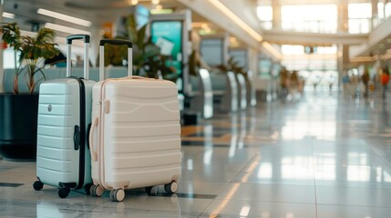 Two Suitcases In The Airport Waiting For Their Owner To Claim Them And Begin Their Journey.