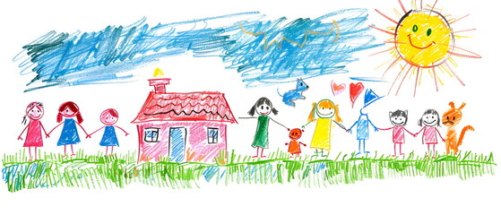 Obraz premium Naive children's drawing with colored chalk on white paper, made by hand by a child, family and a house with adorable pets, isolated on white background