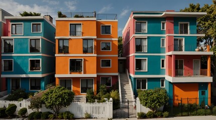 Fototapeta premium A story about a neighborhood where each house reflects the personality of its owner through bold and eclectic color choices ai_generated