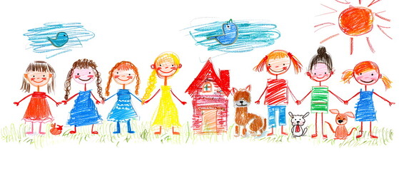Naive children's drawing with colored chalk on white paper, made by hand by a child, family and a house with adorable pets, isolated on white background