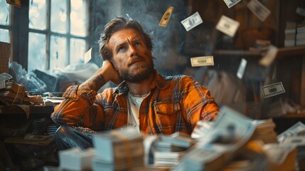 Man in Plaid Shirt Surrounded by Falling Money, Deep in Thought in a Dimly Lit Room