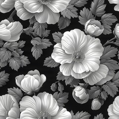 Elegant Black and White Floral Pattern with Detailed Hibiscus Flowers and Leaves on a Dark Background