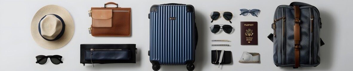 Rimowa navy blue luggage, passport brown leather case, sunglasses, panama hat, tummi gray bag pack, white background
