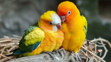 Two Sun Conures Cuddling On A Branch