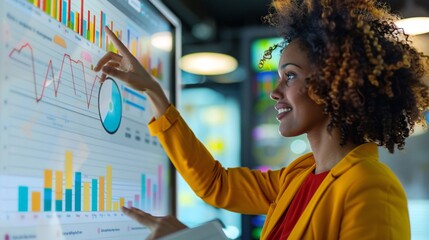 A businesswoman leading a team meeting, pointing at a digital chart on a large display, highlighting growth and progress