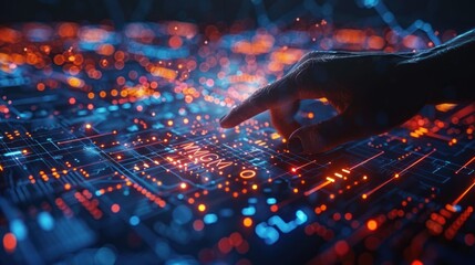 Abstract close-up of hand pointing at glowing business