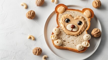 A Cute And Creative Teddy Bear-Shaped Sandwich Made With Bread, Peanut Butter, And Various Nuts And Seeds.