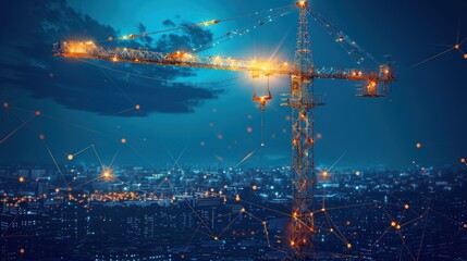 Obraz premium Abstract building process with construction equipment in dark blue background