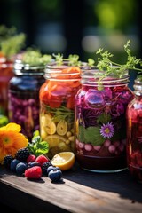 Vibrant Pickled Fruits and Vegetables Display on Wooden Surface