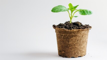 A lush green seedling in a biodegradable pot, illustrating eco-friendly practices on a white background