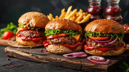 Three delicious hamburgers on a wooden cutting board with french fries - Powered by Adobe