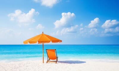 Fototapeta premium A beach chair is sitting under an orange umbrella on a sunny day