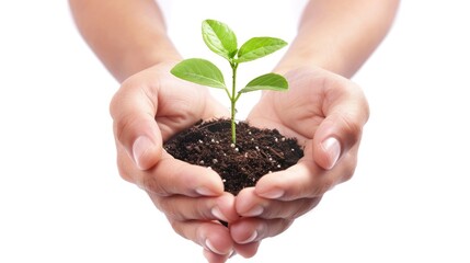 A pair of hands holding a small pot with a newly sprouted seedling, emphasizing care and nurturing, against a white background