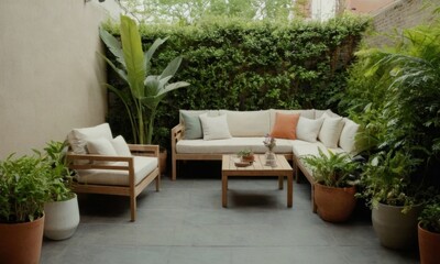 Fototapeta premium A patio with a green wall and a couch with pillows