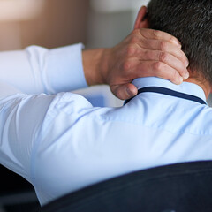 Man, hand and neck pain in office with accident, stress and injury with back for muscle fatigue....