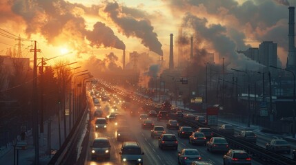 Fototapeta premium Urban Pollution Crisis, Heavy Traffic and Industrial Smoke in an Environmental Disaster Zone