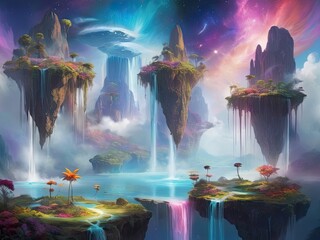 Surreal Floating Islands in Multicolored Nebula