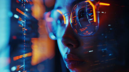 Close-up of an Asian girl sitting in glasses in front of a computer monitor with a huge database. A young data specialist. The woman works in the server room