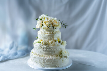 Fototapeta premium Adorned Delicacy: Wedding Cake with White Floral Decor - Clean composition, Ample Negative Space - Adaptable Background Art - classic wedding aesthetics 
