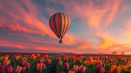 A majestic hot air balloon floats gracefully over a vibrant sunset flower background, casting a...