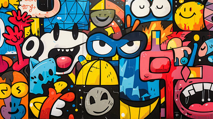 Obraz premium Modern poster featuring a collage of colorful cartoon characters and doodles