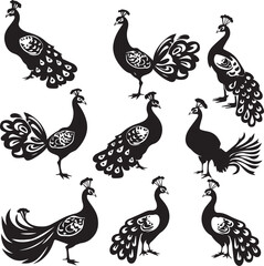 Set of Peacock black silhouette
