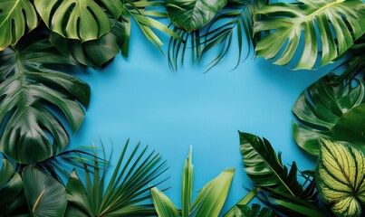 Beautiful Exotic Tropical Leaves Assortment on Pastel Blue Background