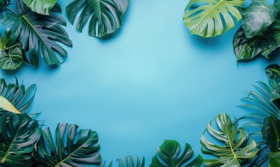Beautiful Exotic Tropical Leaves Assortment on Pastel Blue Background