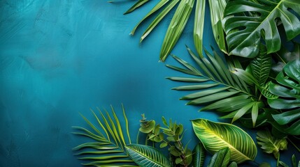 Beautiful Exotic Tropical Leaves Assortment on Pastel Blue Background