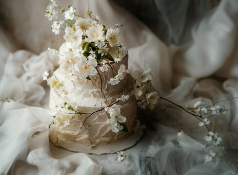 Adorned Delicacy: Close-Up of Wedding Cake with White Floral Decor - classic wedding aesthetics  - stunning bridal photography - Clean composition, Ample Negative Space   - Adaptable Background Art 