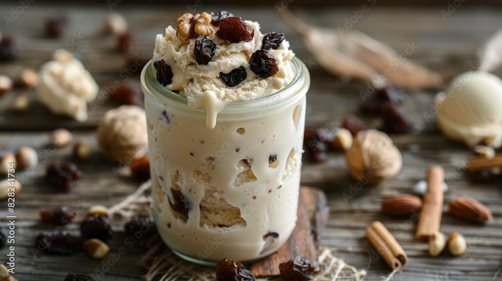 Sticker Ice cream in a jar with nuts and raisins on a wooden backdrop