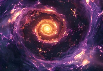Abstract swirl of cosmic dust and glowing stars in deep space, yellow spiral galaxy background with violet nebulae