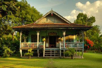 An AI generative image of rumah kampung with nature during golden hour