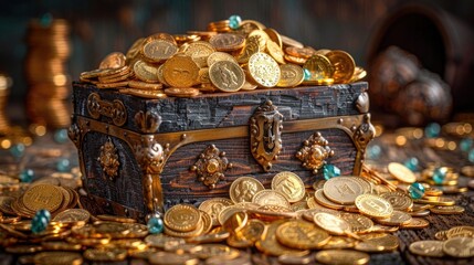 A treasure chest overflowing with gold coins and jewels, symbolizing financial success and prosperity