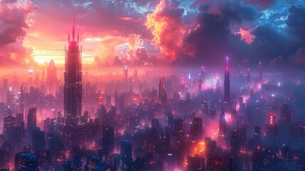 An abstract cityscape with futuristic skyscrapers and neon lights illuminating the night sky