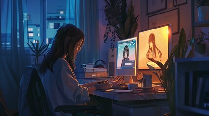 Step into a haven of tranquility where a beautiful young woman spends her evening working at her desk, bathed in the gentle glow of atmospheric lighting.
