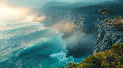 Breathtaking coastal cliffs at sunrise with waves crashing and mist rising, showcasing the beauty of nature in a tranquil and serene setting. - Powered by Adobe