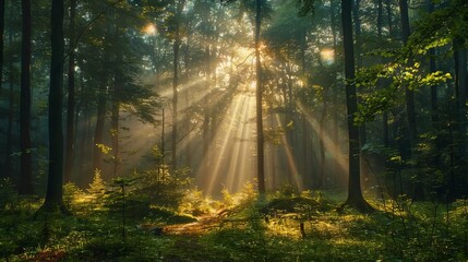Sunlight streaming through dense forest trees, creating a serene and magical atmosphere in a natural woodland setting.