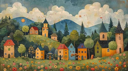 Charming of a colorful village nestled in a green valley with mountains and a blue sky.