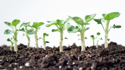 Several young seedlings emerging from rich soil, showcasing the early stages of growth and development, on a white background