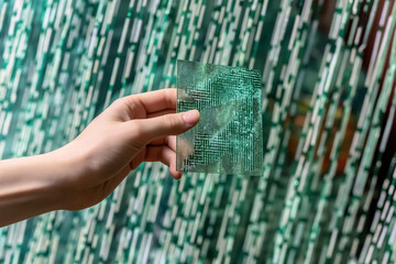 Female hand holding a computer chip of a futuristic computing devices