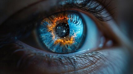 Naklejka premium An anatomical of the human eye with the iris and pupil depicted as a galaxy, showing the connection between vision and the universe