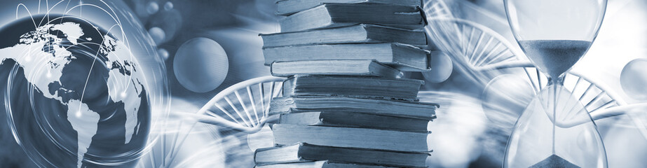 stack of books, globe, hourglass and stylized DNA models