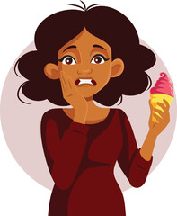 Woman Feeling Sore After Eating Cold Ice Cream Vector Cartoon illustration. Unhappy female patient suffering from sensitive teeth 
