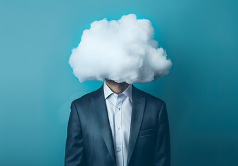Businessman with his head covered in the style of white cloud on a blue background, representing the concept of self-reflection and mental health