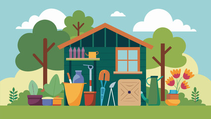 A communal garden shed filled with tools and supplies where seniors gather to plan their next gardening project.. Vector illustration