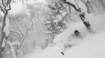 Oversized man skiing gracefully in functional sportswear down snowy alpine slopes