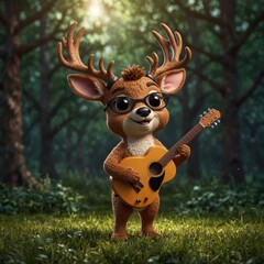 
deer in the forest with a winter background with deer wearing sunglass and a jacket and playing a guitar
