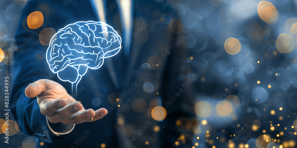 Poster an illustrated brain held by a man in a suit, set against a bokeh background, symbolizing concepts l