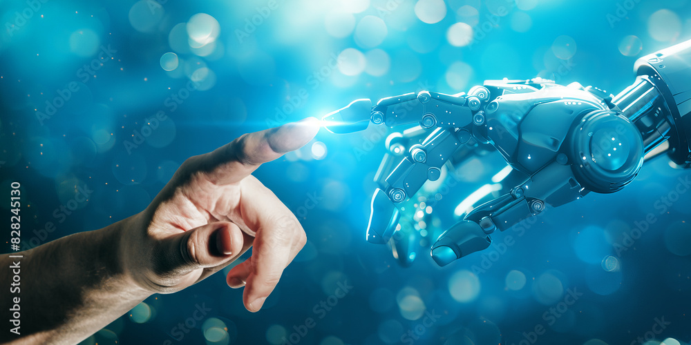 Poster a human hand touching a robot hand against a sparkling blue background, symbolizing human-robot inte